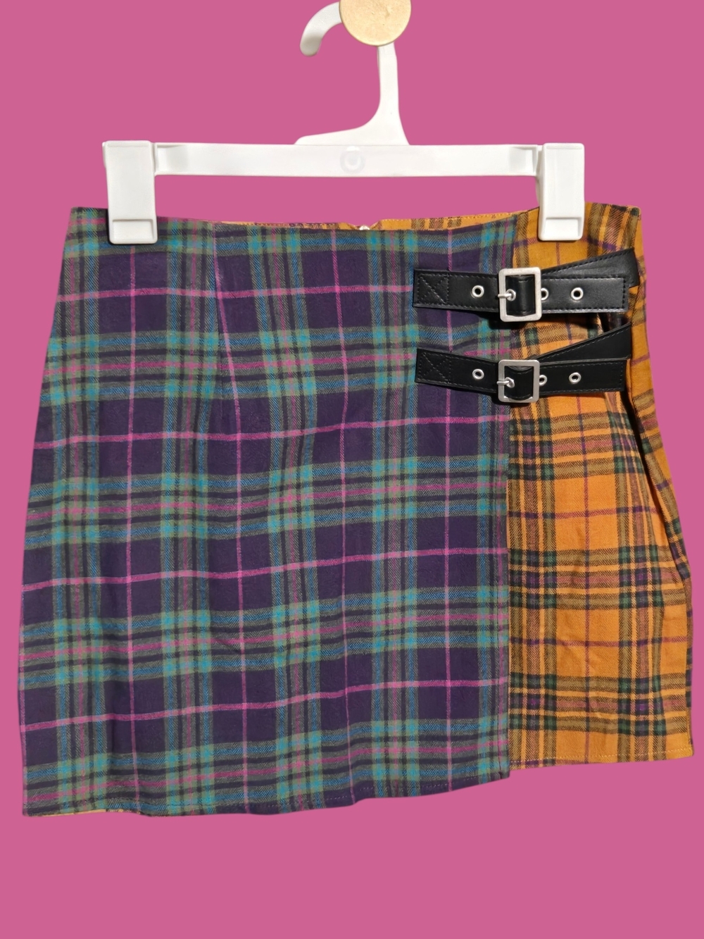 Plaid Asymmetric Mini Skirt with Buckle Detail - Purple & Mustard